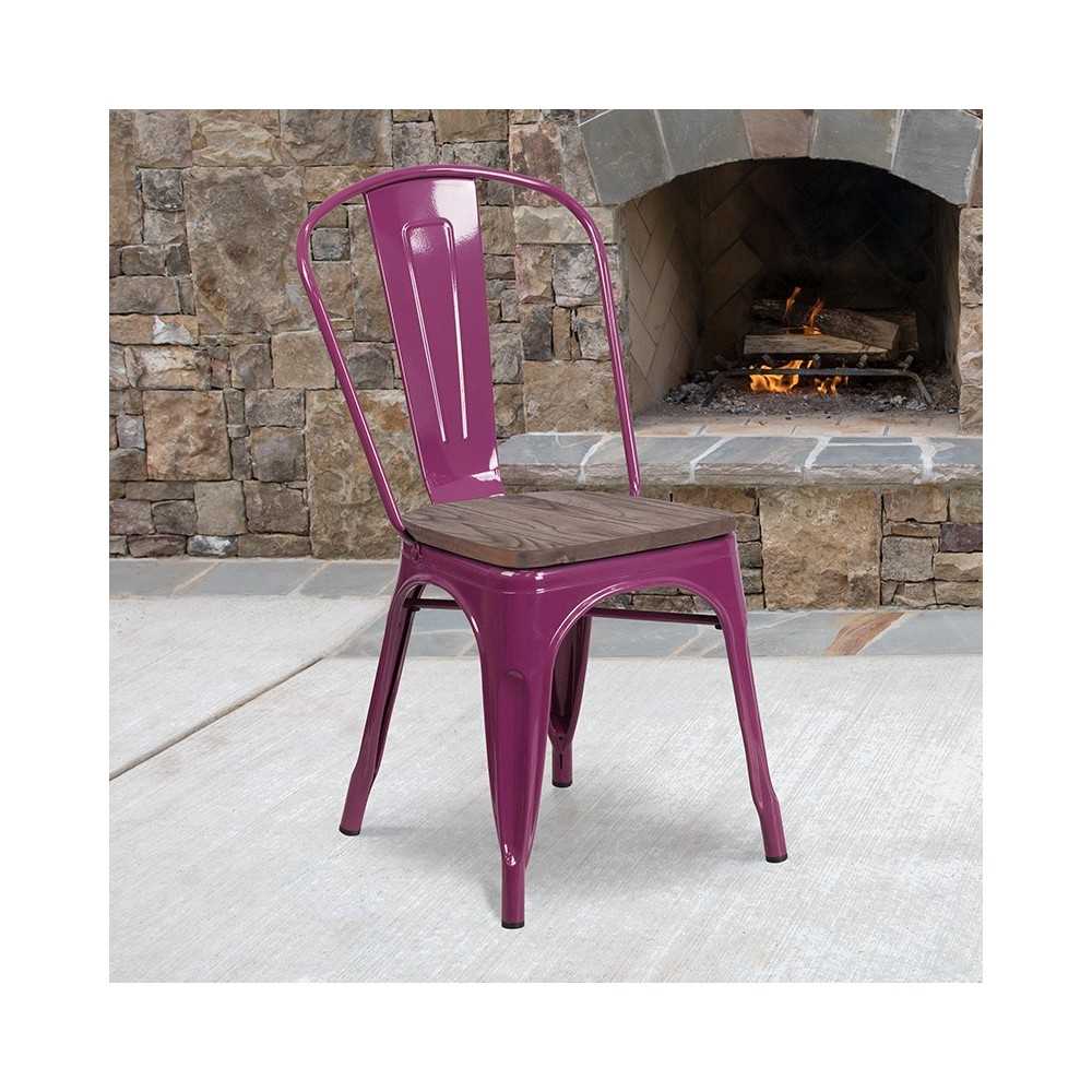 Purple Metal Stackable Chair with Wood Seat