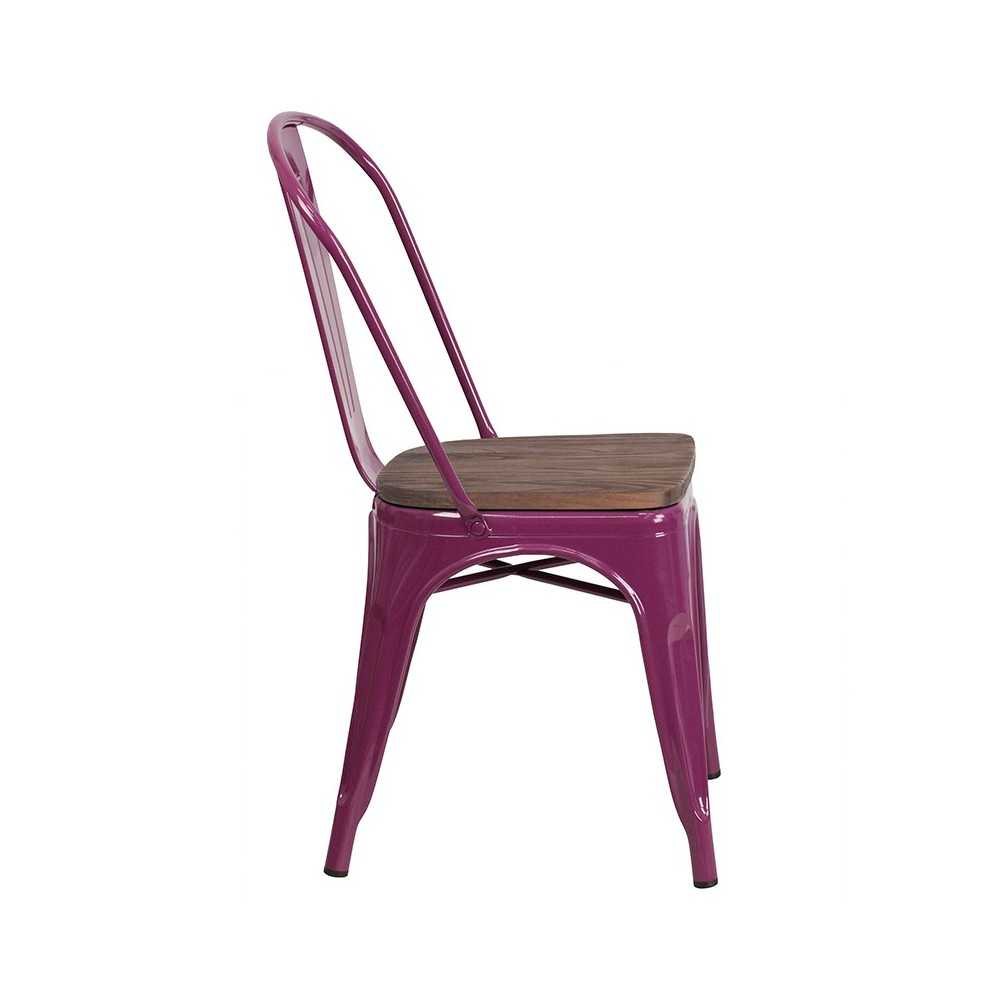 Purple Metal Stackable Chair with Wood Seat