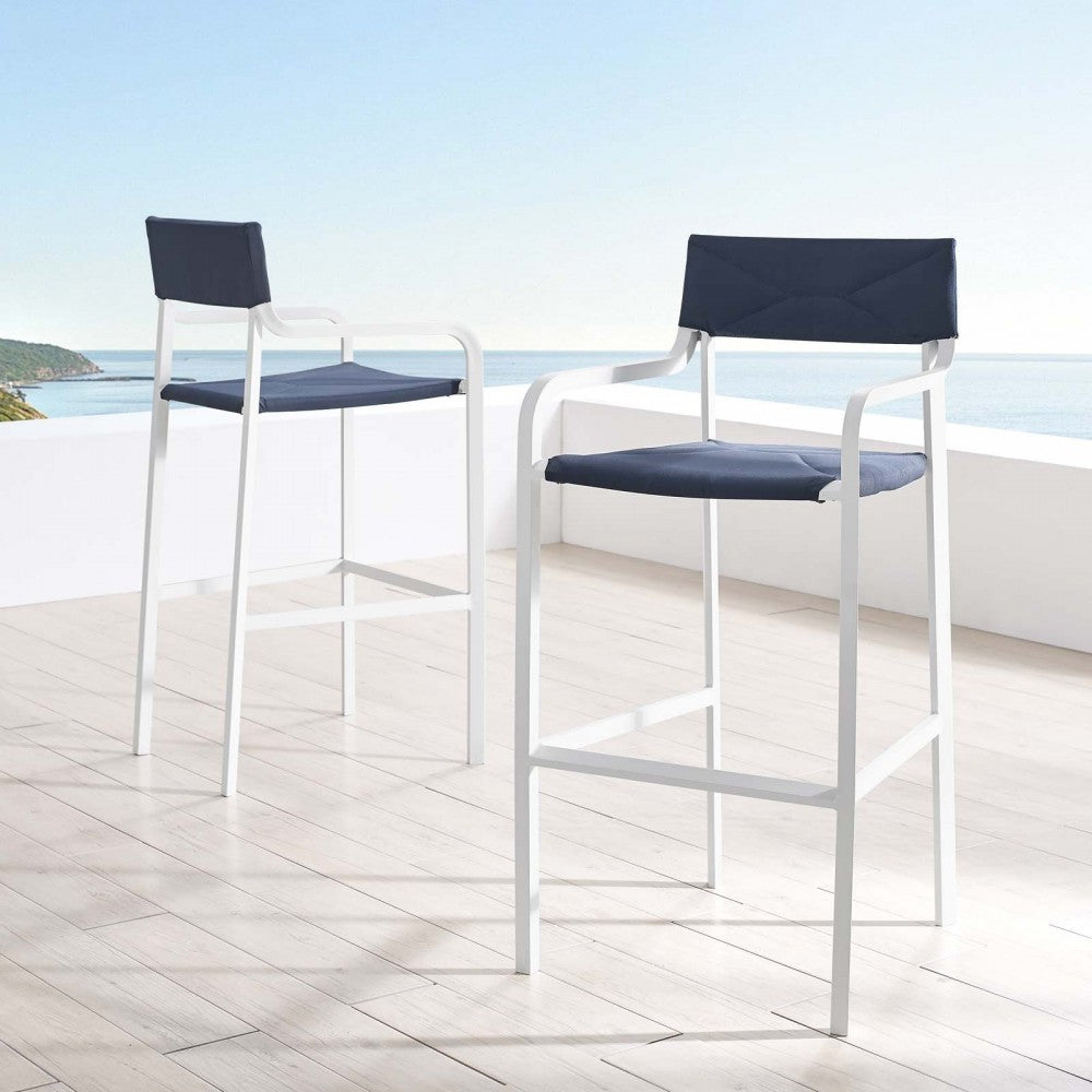 Raleigh Outdoor Patio Aluminum Bar Stool Set of 2, White Navy