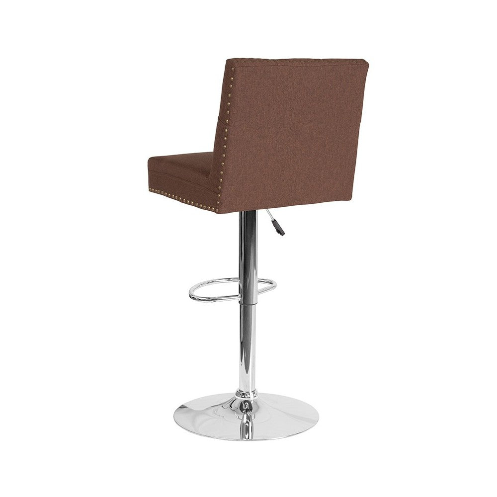 Ravello Contemporary Adjustable Height Barstool with Accent Nail Trim in Brown Fabric