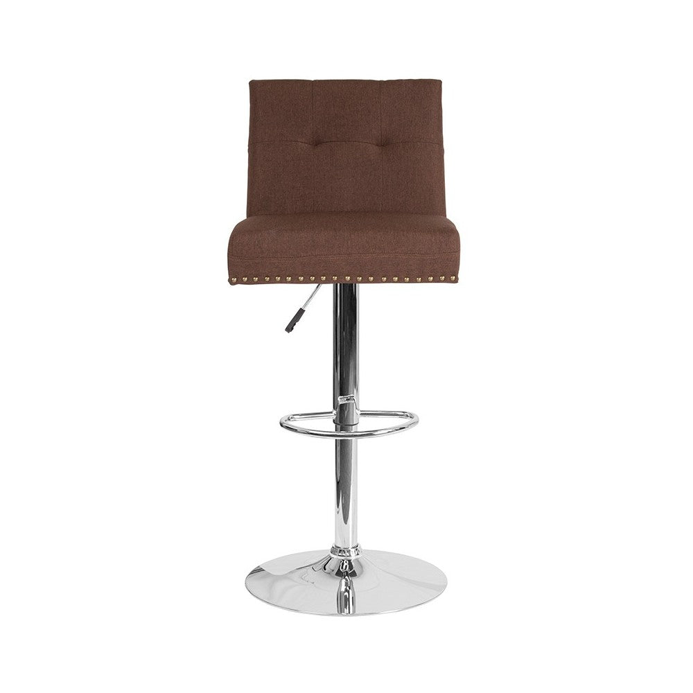 Ravello Contemporary Adjustable Height Barstool with Accent Nail Trim in Brown Fabric