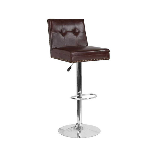 Ravello Contemporary Adjustable Height Barstool with Accent Nail Trim in Brown LeatherSoft