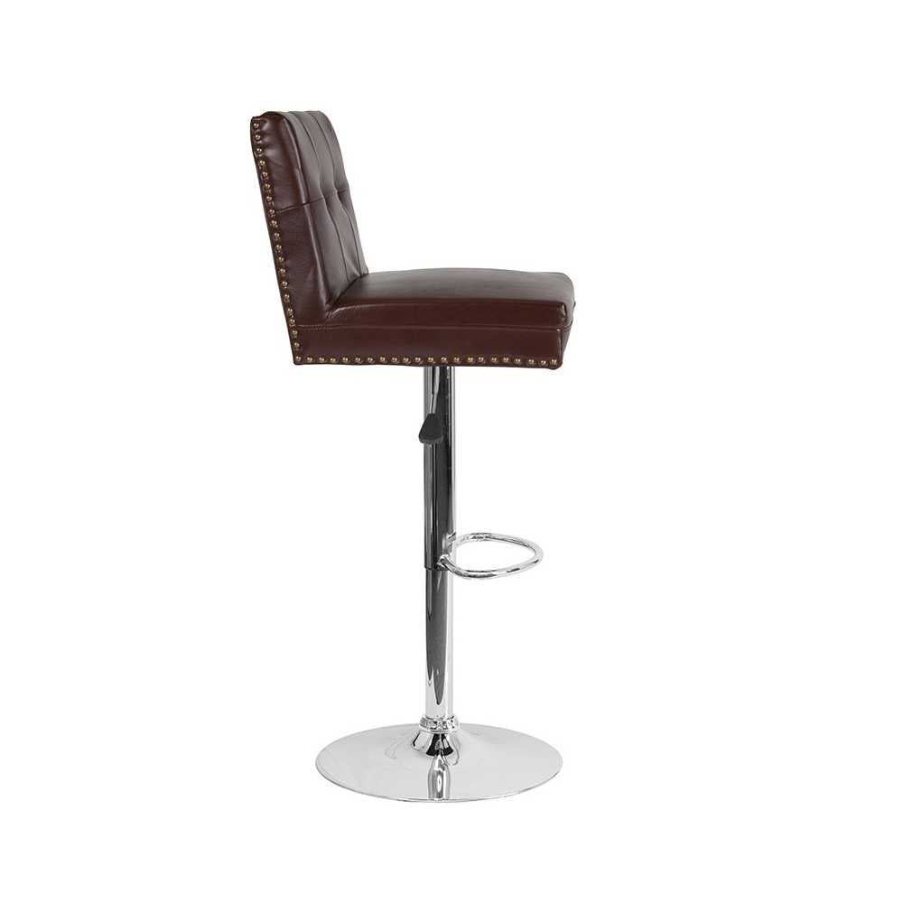 Ravello Contemporary Adjustable Height Barstool with Accent Nail Trim in Brown LeatherSoft