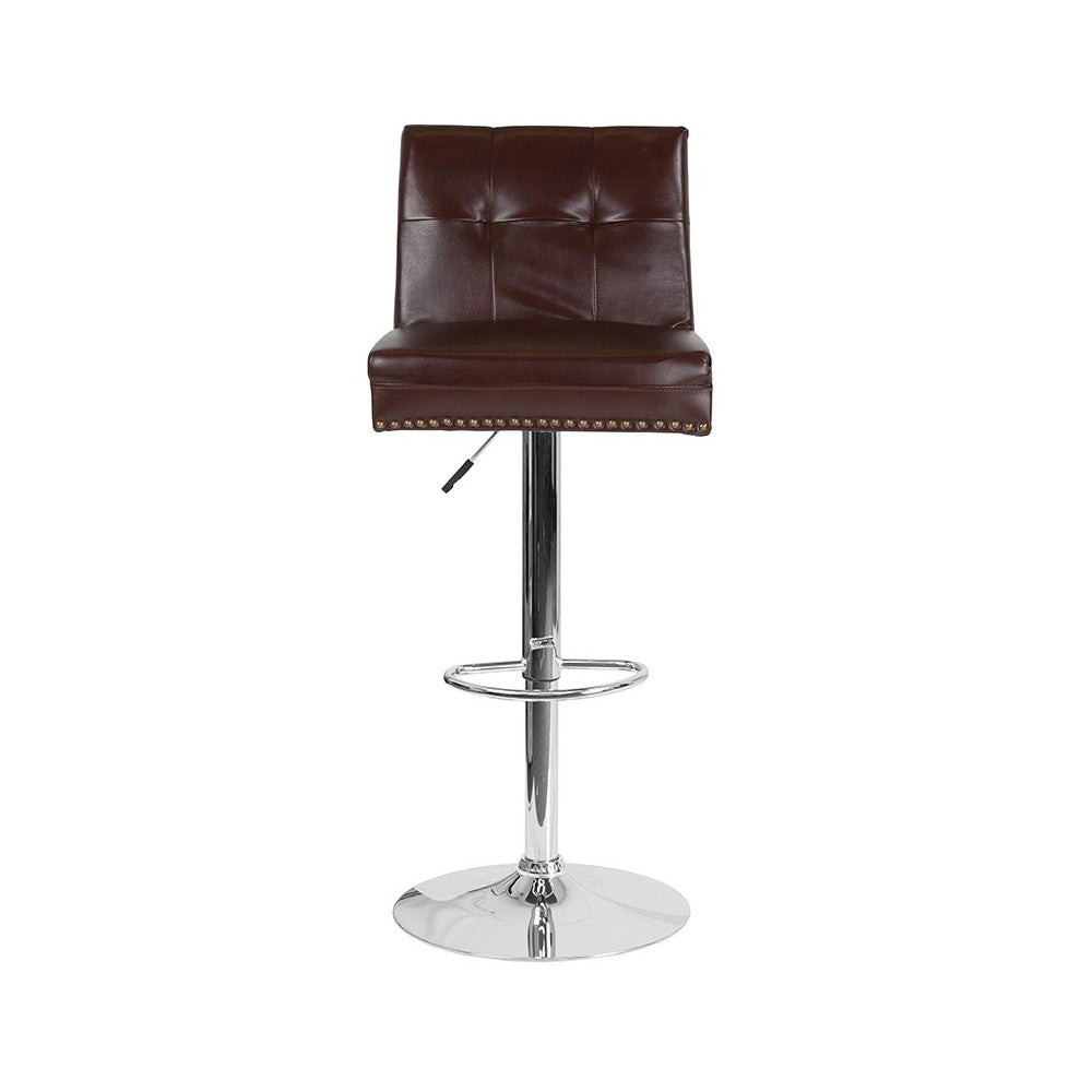 Ravello Contemporary Adjustable Height Barstool with Accent Nail Trim in Brown LeatherSoft