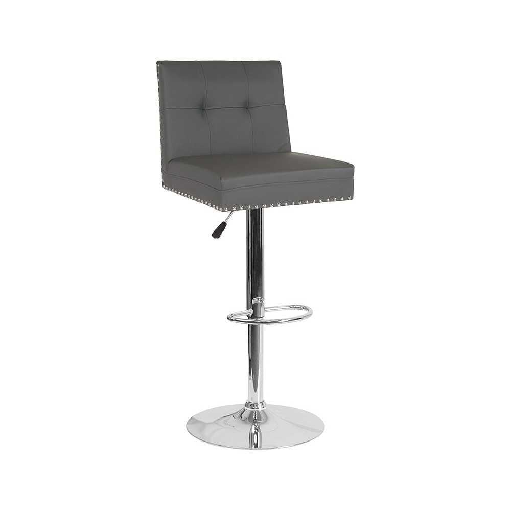 Ravello Contemporary Adjustable Height Barstool with Accent Nail Trim in Gray LeatherSoft