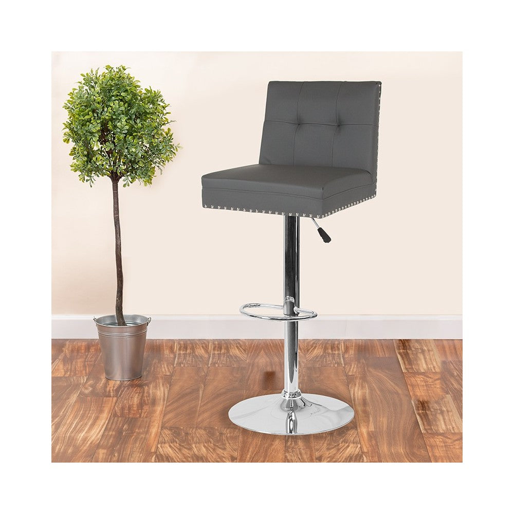 Ravello Contemporary Adjustable Height Barstool with Accent Nail Trim in Gray LeatherSoft