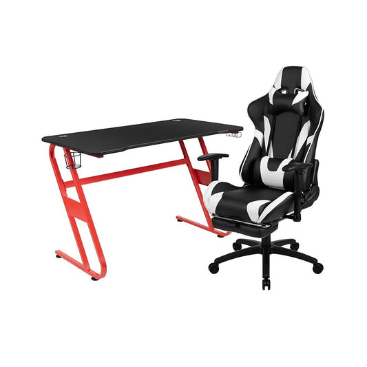 Red Gaming Desk and Black Footrest Reclining Gaming Chair Set with Cup Holder and Headphone Hook