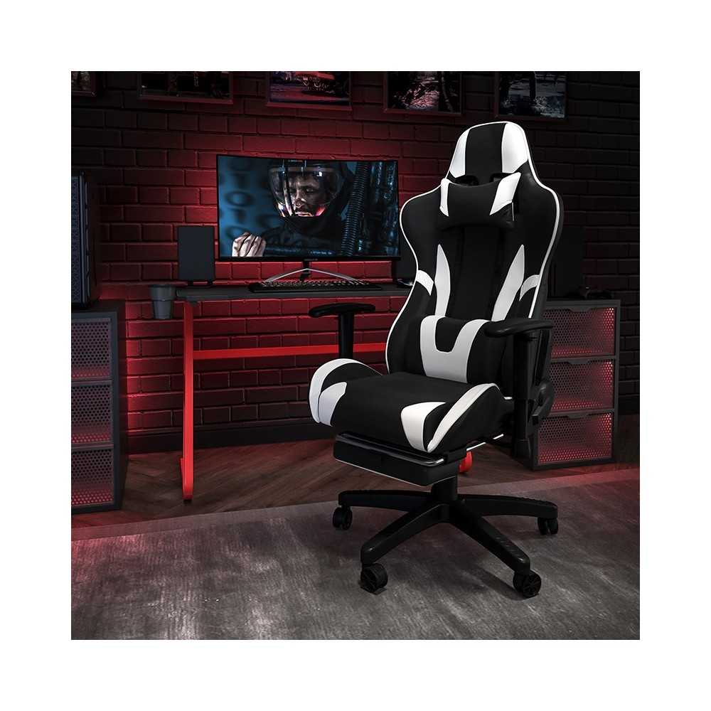 Red Gaming Desk and Black Footrest Reclining Gaming Chair Set with Cup Holder and Headphone Hook