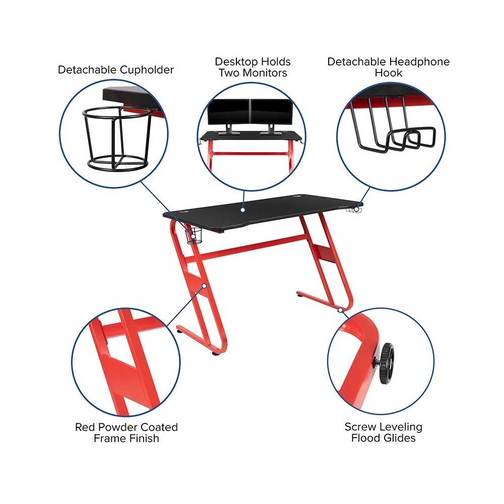 Red Gaming Desk and Black Footrest Reclining Gaming Chair Set with Cup Holder and Headphone Hook