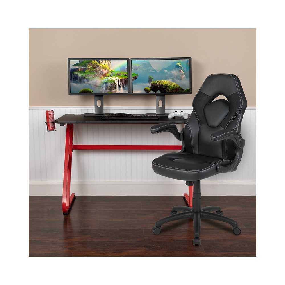 Red Gaming Desk and Black Racing Chair Set with Cup Holder and Headphone Hook