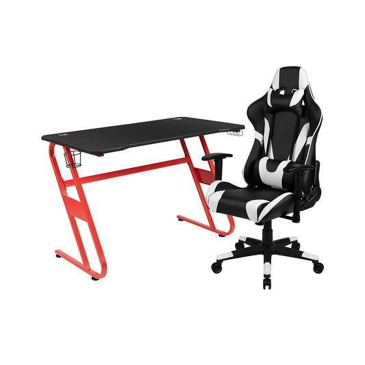 Red Gaming Desk and Black Reclining Gaming Chair Set with Cup Holder and Headphone Hook