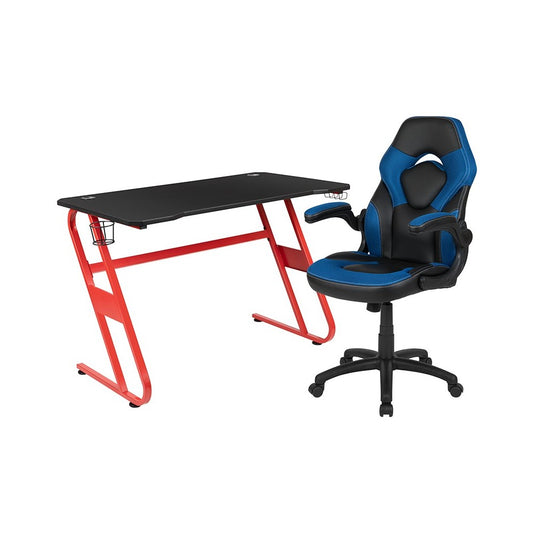 Red Gaming Desk and Blue/Black Racing Chair Set with Cup Holder and Headphone Hook