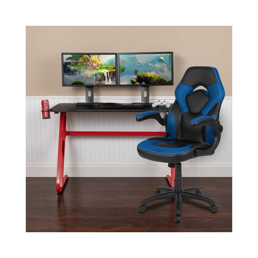 Red Gaming Desk and Blue/Black Racing Chair Set with Cup Holder and Headphone Hook