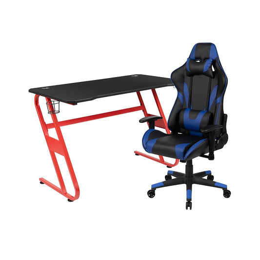 Red Gaming Desk and Blue Reclining Gaming Chair Set with Cup Holder and Headphone Hook