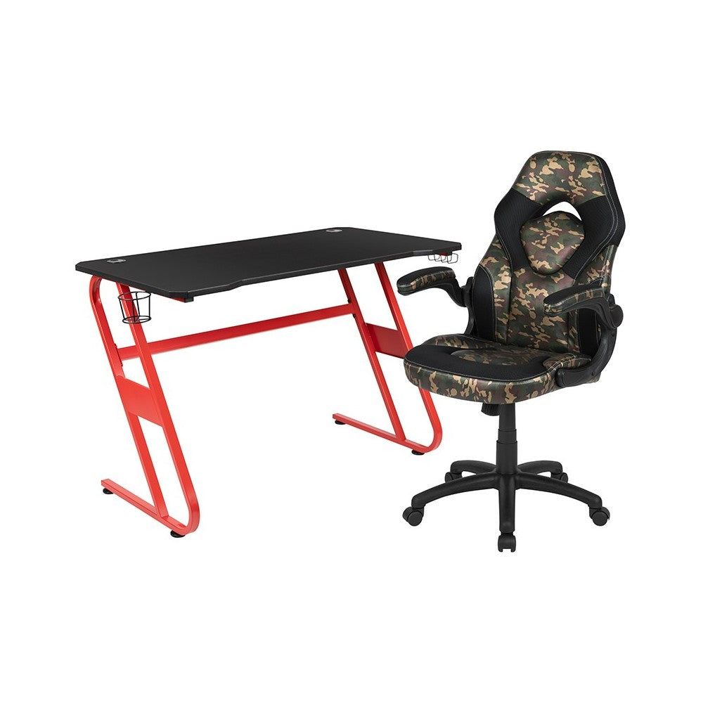 Red Gaming Desk and Camouflage/Black Racing Chair Set with Cup Holder and Headphone Hook