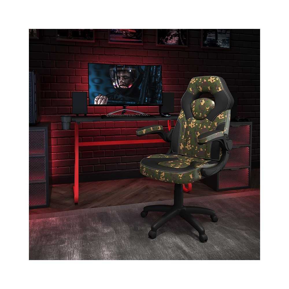 Red Gaming Desk and Camouflage/Black Racing Chair Set with Cup Holder and Headphone Hook