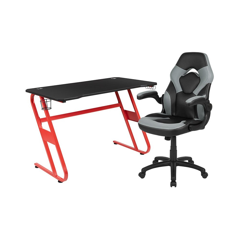 Red Gaming Desk and Gray/Black Racing Chair Set with Cup Holder and Headphone Hook