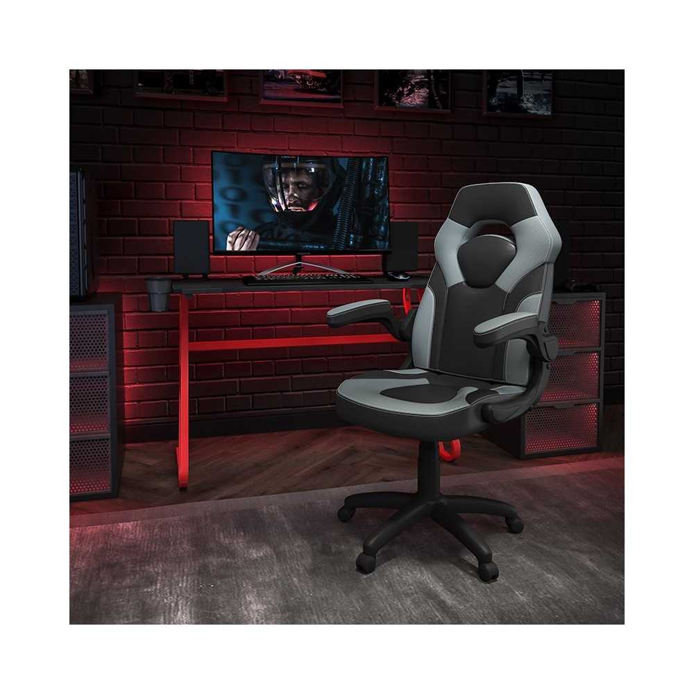 Red Gaming Desk and Gray/Black Racing Chair Set with Cup Holder and Headphone Hook