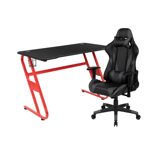 Red Gaming Desk and Gray Reclining Gaming Chair Set with Cup Holder and Headphone Hook