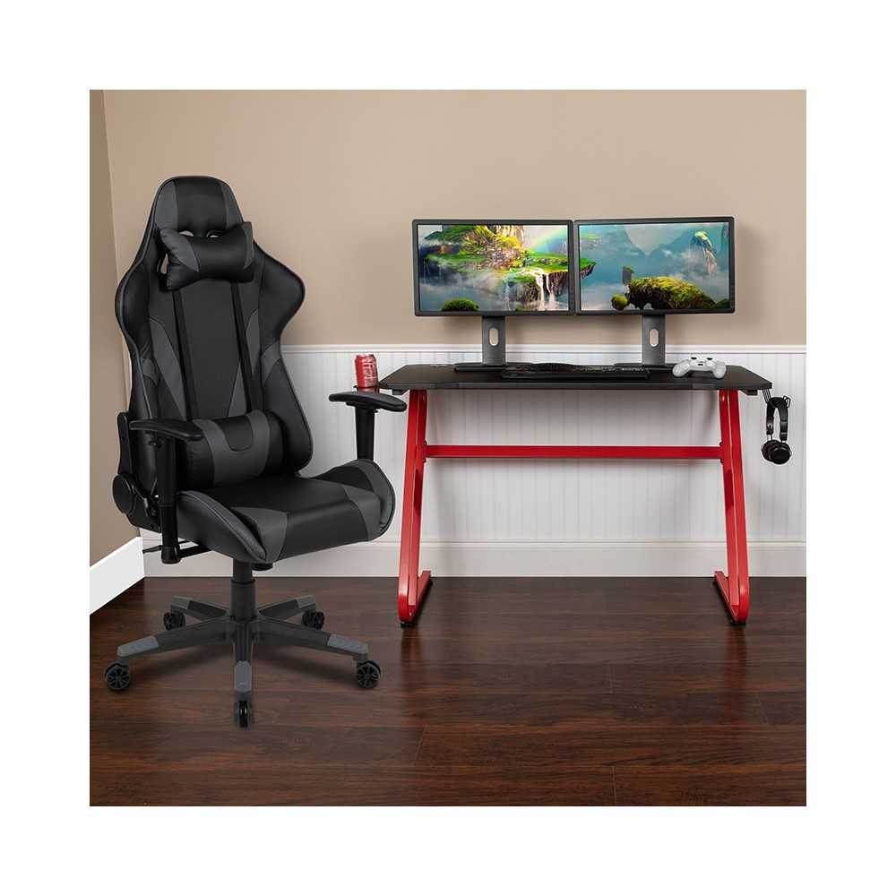 Red Gaming Desk and Gray Reclining Gaming Chair Set with Cup Holder and Headphone Hook