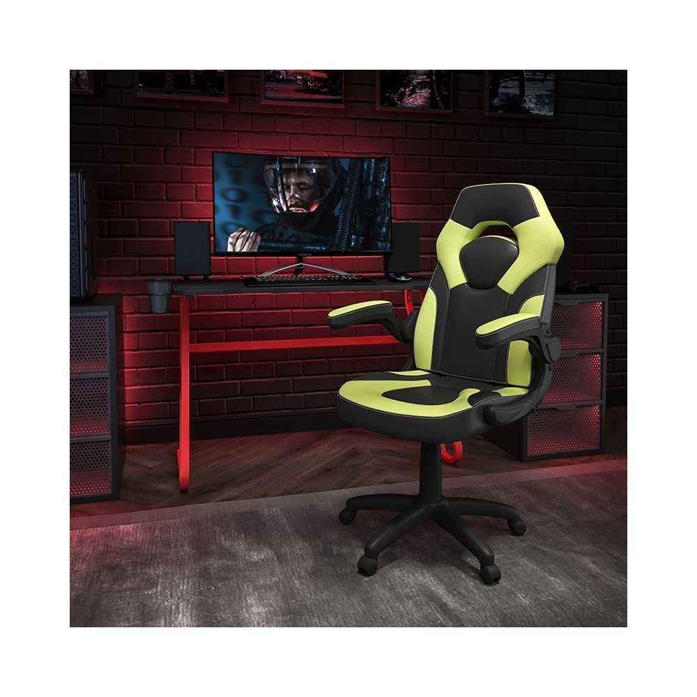 Red Gaming Desk and Green/Black Racing Chair Set with Cup Holder and Headphone Hook