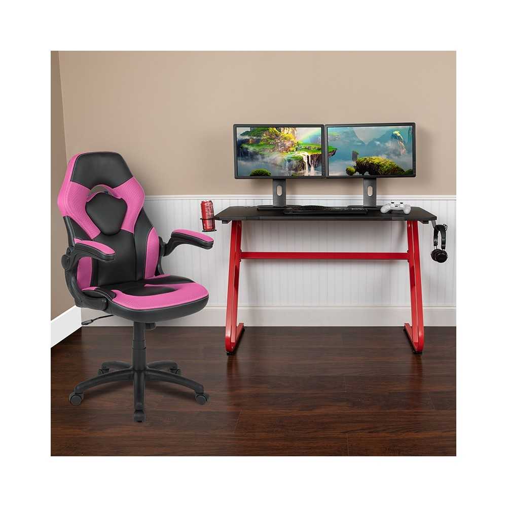 Red Gaming Desk and Pink/Black Racing Chair Set with Cup Holder and Headphone Hook