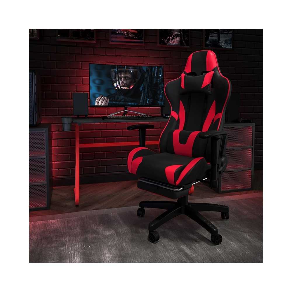 Red Gaming Desk and Red/Black Footrest Reclining Gaming Chair Set with Cup Holder and Headphone Hook