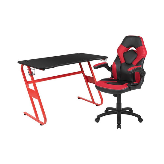 Red Gaming Desk and Red/Black Racing Chair Set with Cup Holder and Headphone Hook