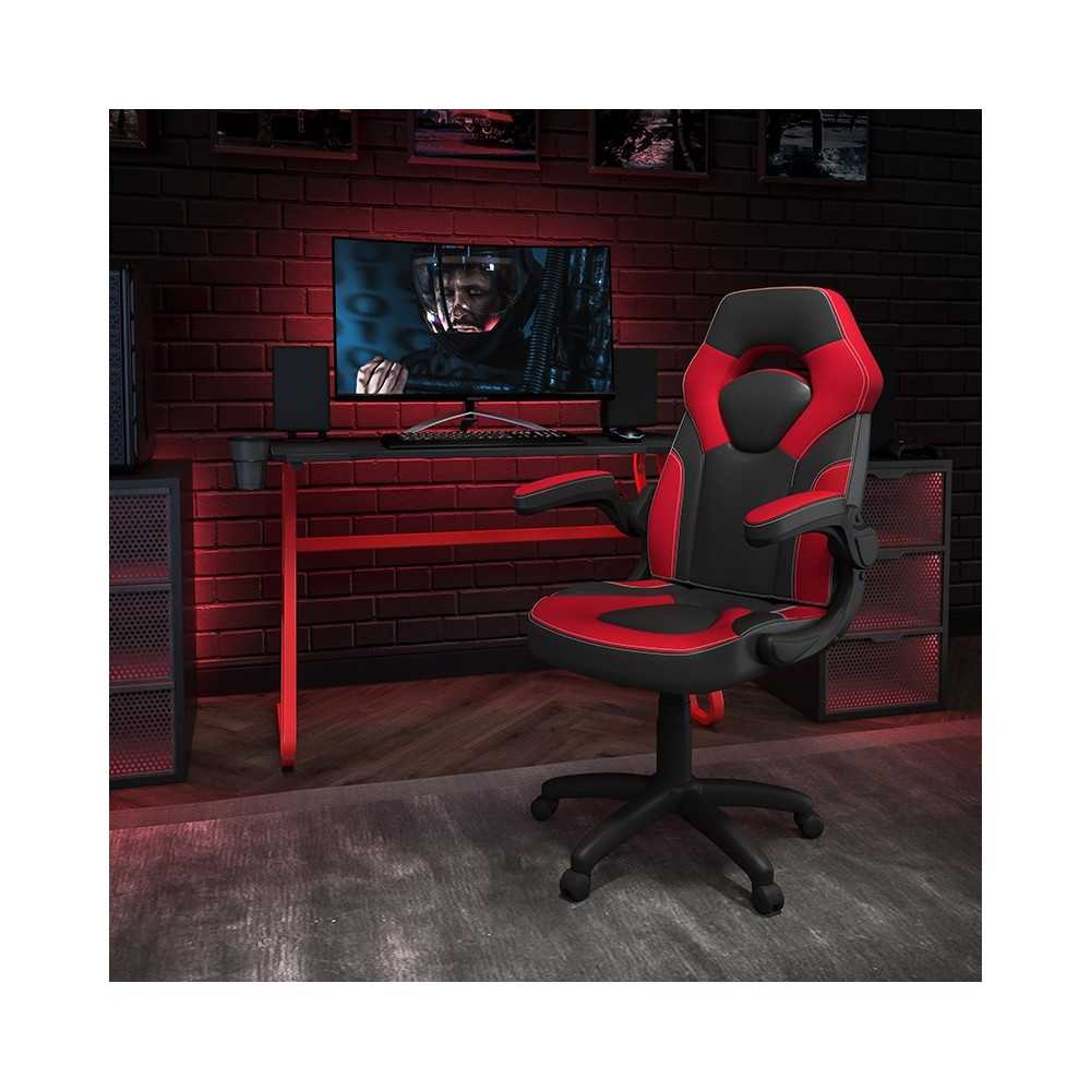 Red Gaming Desk and Red/Black Racing Chair Set with Cup Holder and Headphone Hook