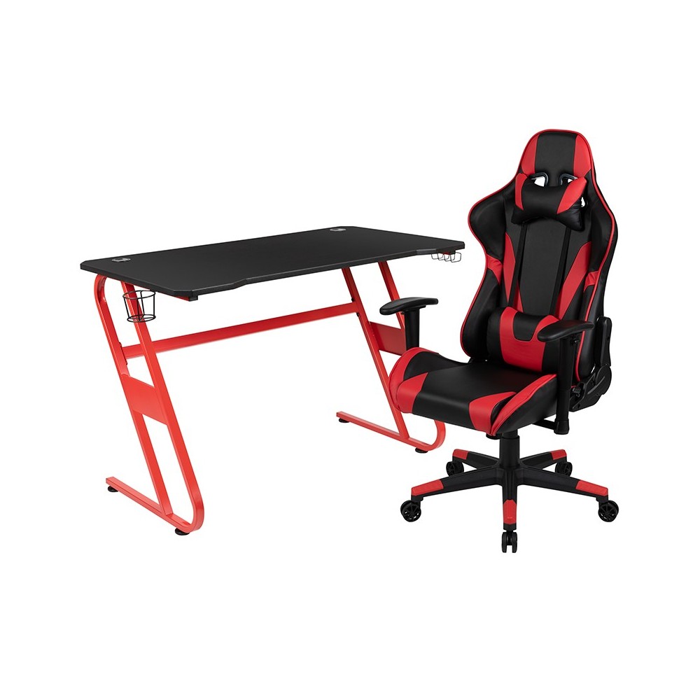 Red Gaming Desk and Red/Black Reclining Gaming Chair Set with Cup Holder and Headphone Hook