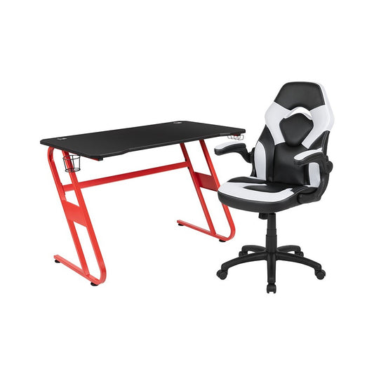 Red Gaming Desk and White/Black Racing Chair Set with Cup Holder and Headphone Hook