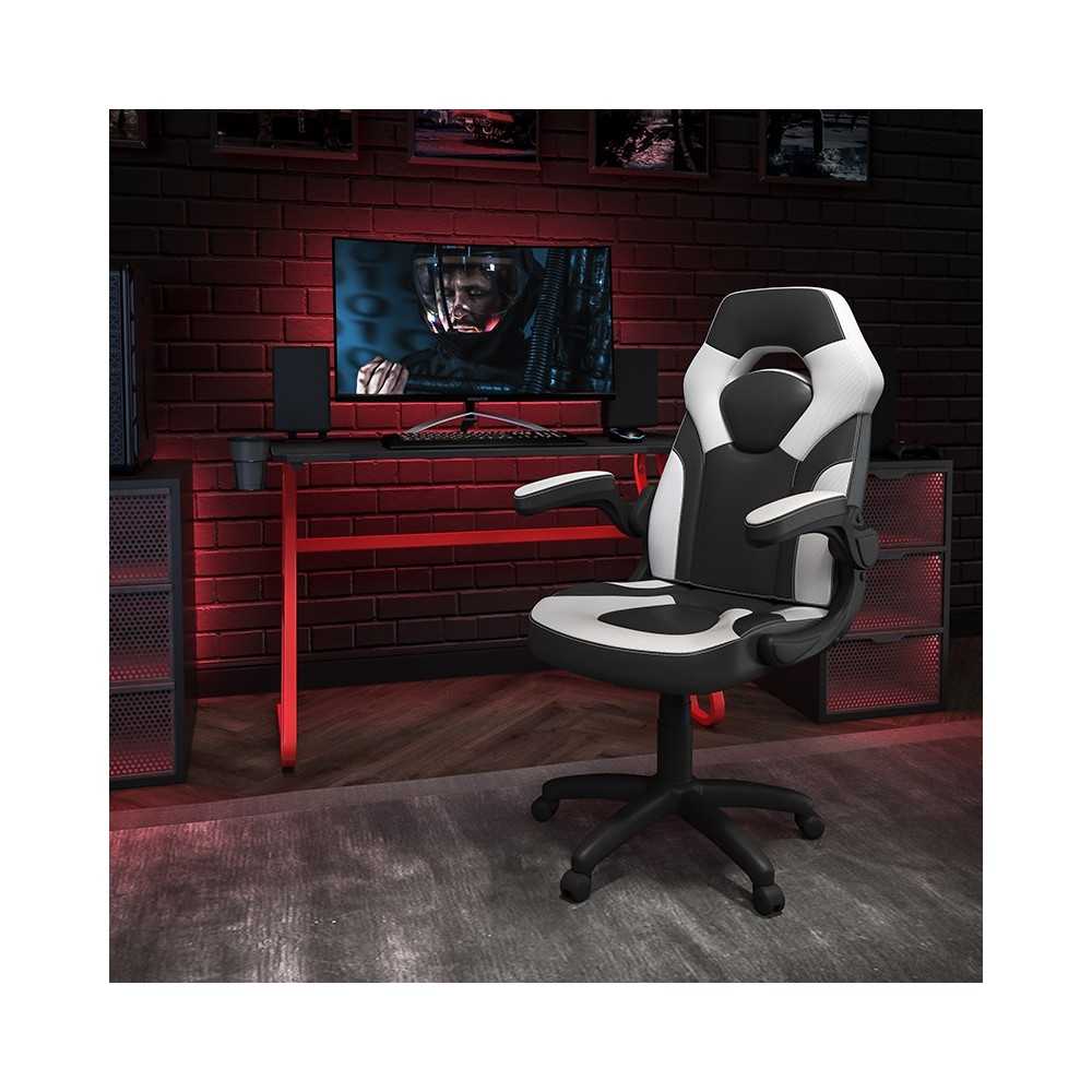 Red Gaming Desk and White/Black Racing Chair Set with Cup Holder and Headphone Hook