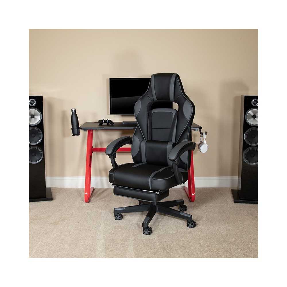 Red Gaming Desk with Cup Holder/Headphone Hook & Black Reclining Back/Arms Gaming Chair with Footrest