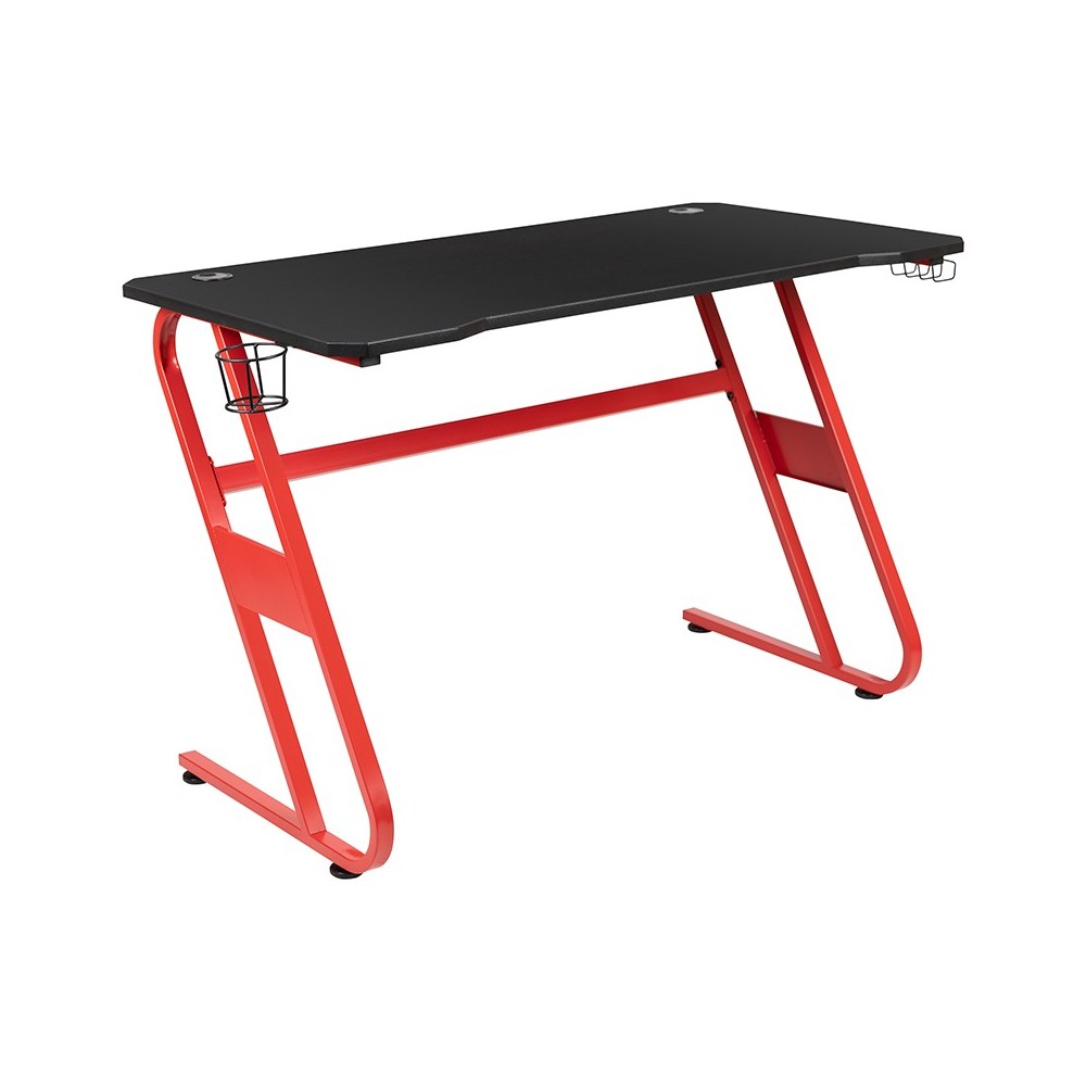 Red Gaming Desk with Cup Holder/Headphone Hook & Black Reclining Back/Arms Gaming Chair with Footrest