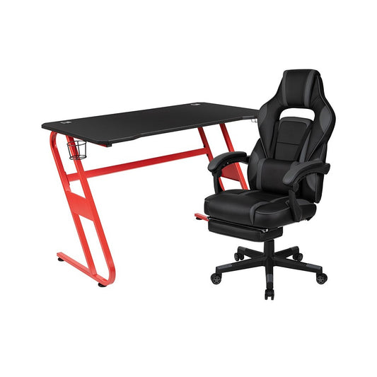 Red Gaming Desk with Cup Holder/Headphone Hook & Black Reclining Back/Arms Gaming Chair with Footrest