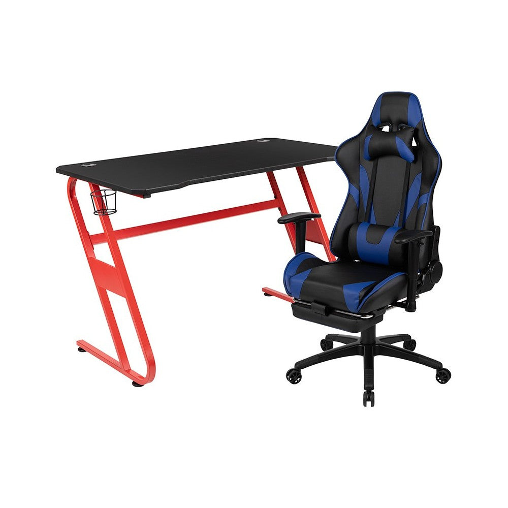 Red Gaming Desk with Cup Holder/Headphone Hook & Blue Reclining Gaming Chair with Footrest