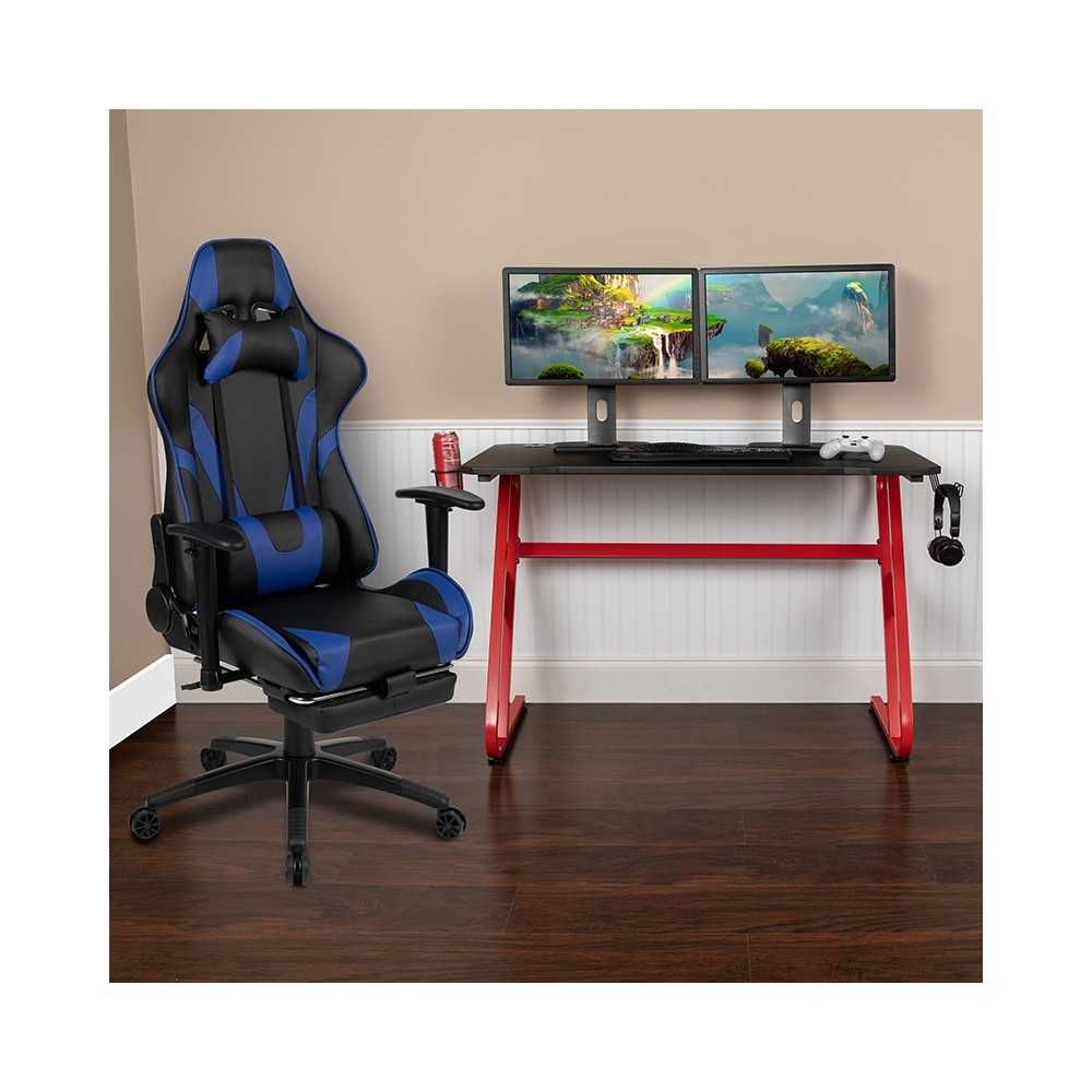 Red Gaming Desk with Cup Holder/Headphone Hook & Blue Reclining Gaming Chair with Footrest