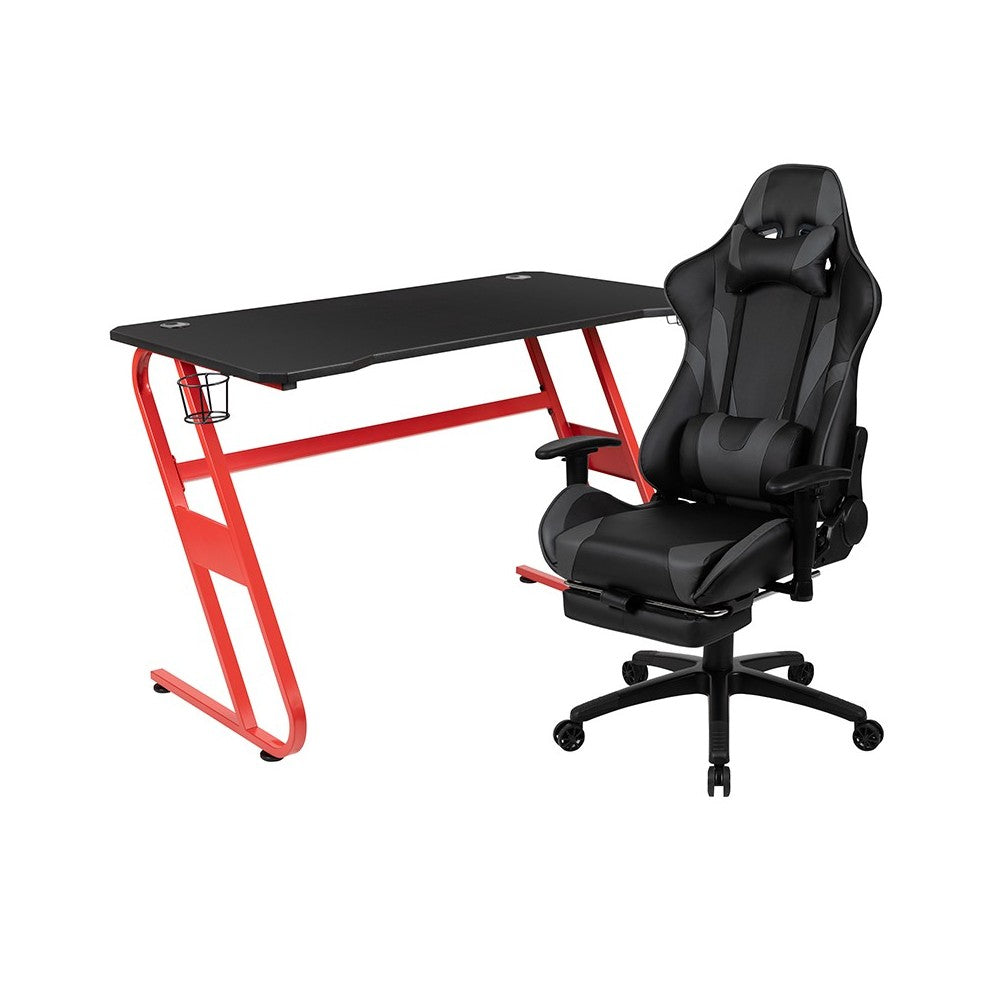 Red Gaming Desk with Cup Holder/Headphone Hook & Gray Reclining Gaming Chair with Footrest