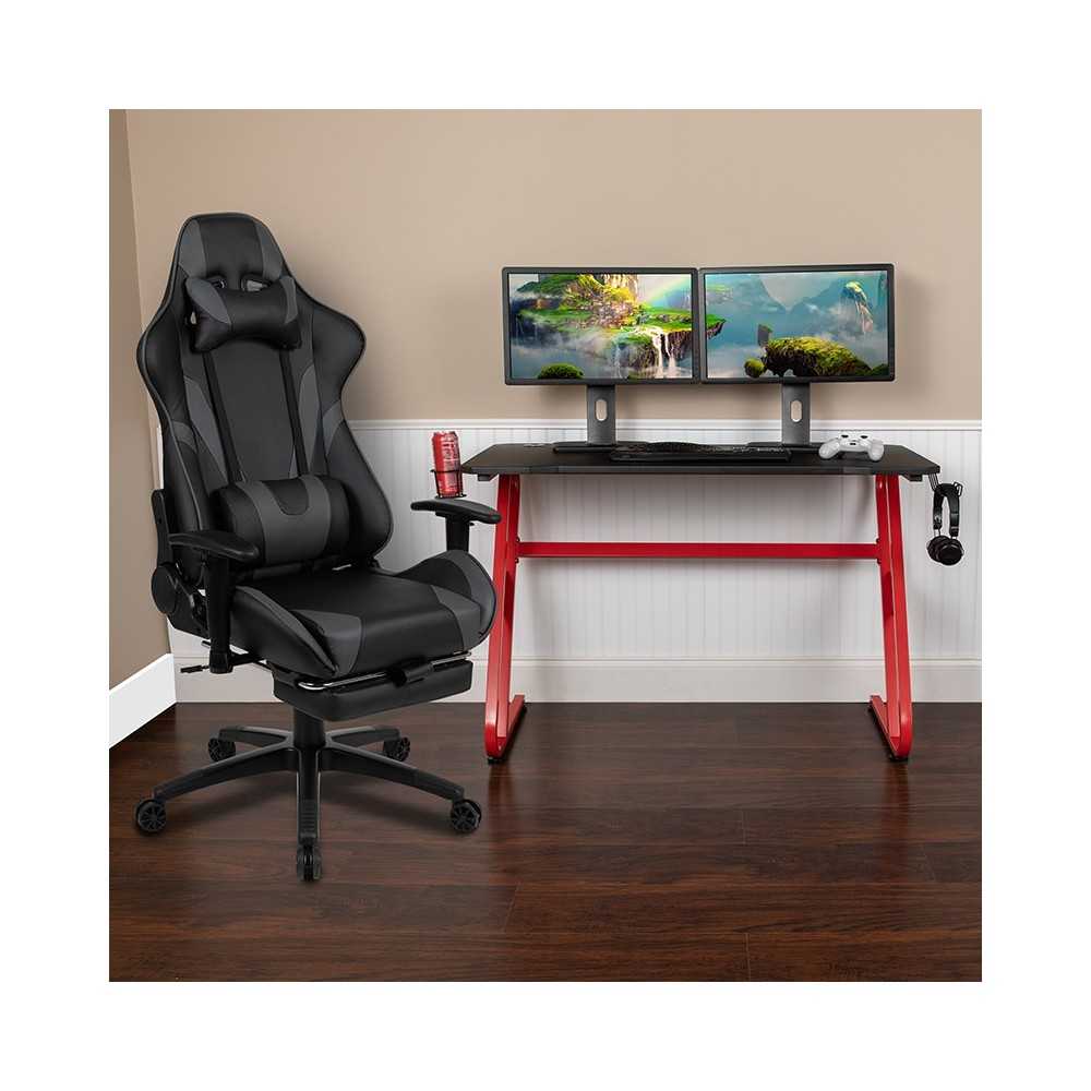 Red Gaming Desk with Cup Holder/Headphone Hook & Gray Reclining Gaming Chair with Footrest