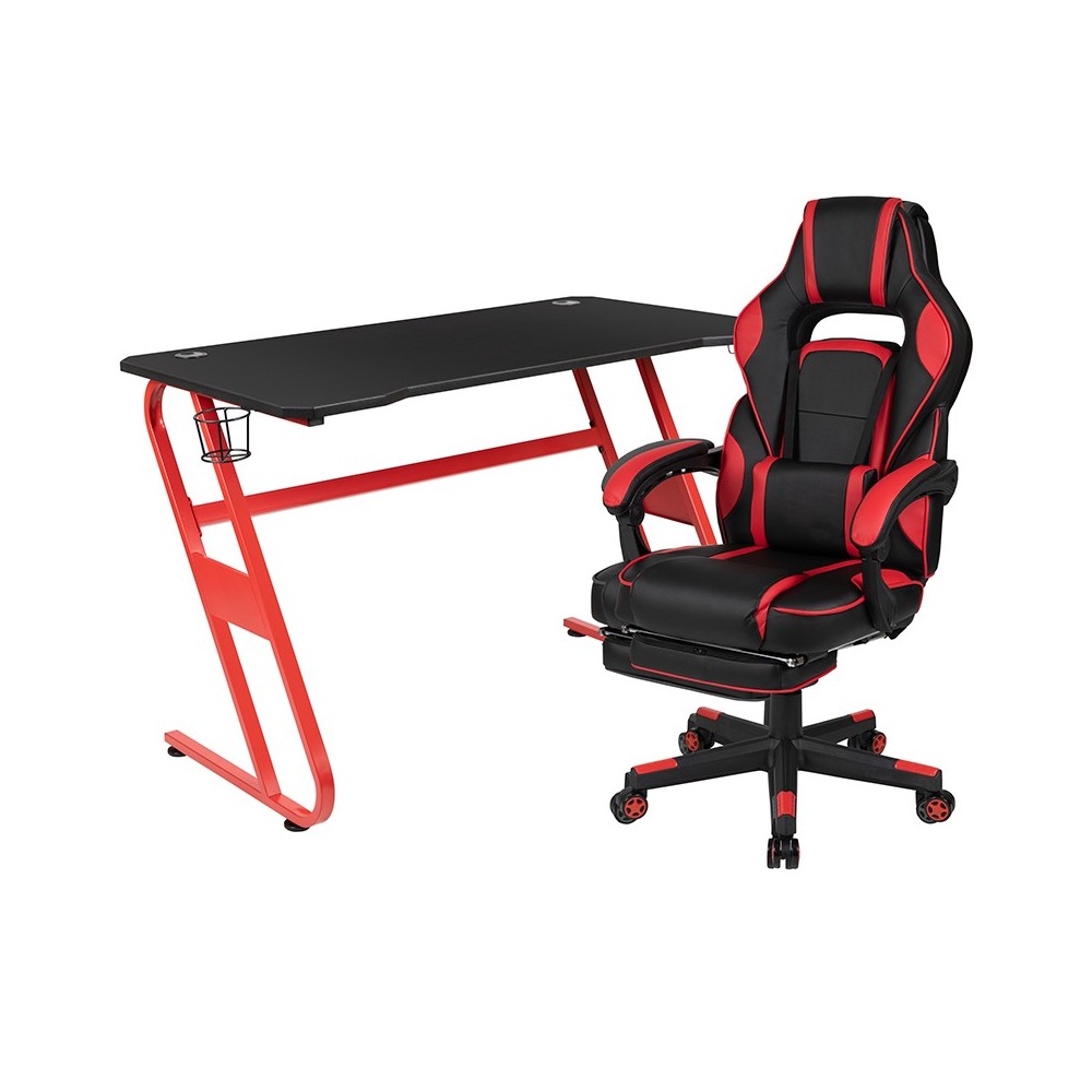 Red Gaming Desk with Cup Holder/Headphone Hook & Red Reclining Back/Arms Gaming Chair with Footrest