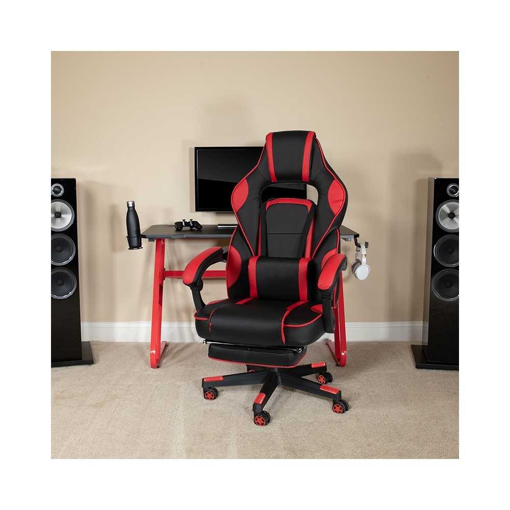 Red Gaming Desk with Cup Holder/Headphone Hook & Red Reclining Back/Arms Gaming Chair with Footrest