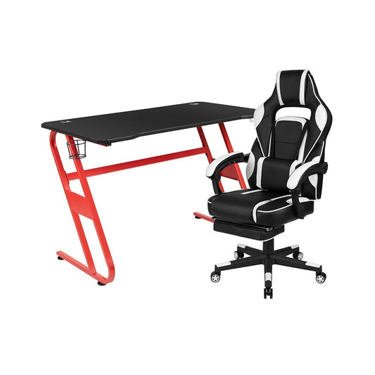 Red Gaming Desk with Cup Holder/Headphone Hook & White Reclining Back/Arms Gaming Chair with Footrest