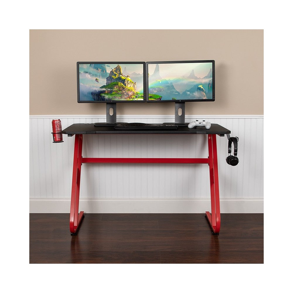 Red Gaming Ergonomic Desk with Cup Holder and Headphone Hook