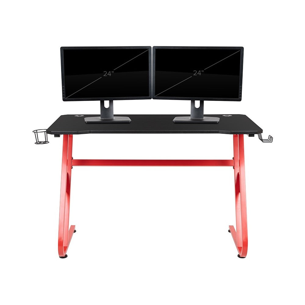 Red Gaming Ergonomic Desk with Cup Holder and Headphone Hook