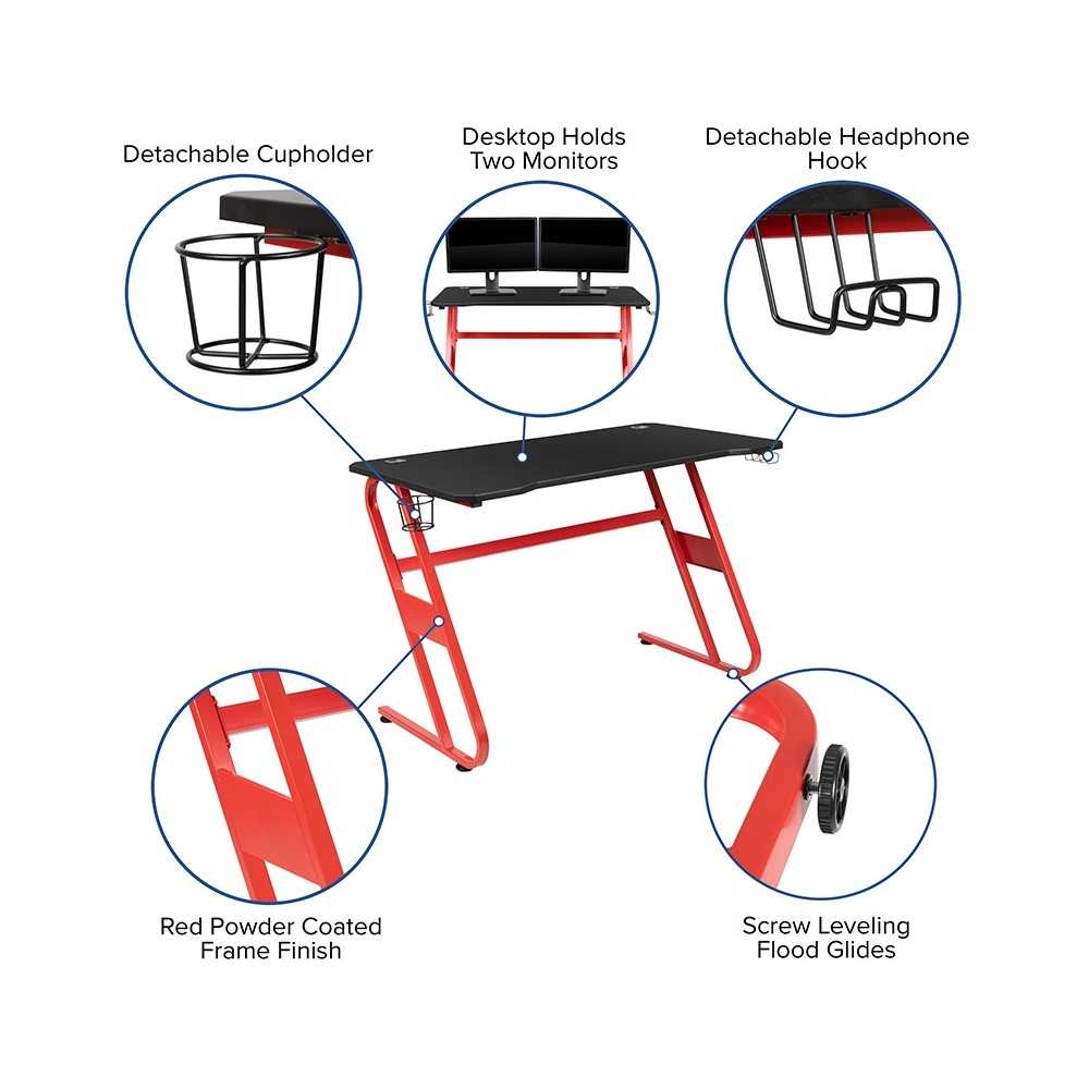 Red Gaming Ergonomic Desk with Cup Holder and Headphone Hook