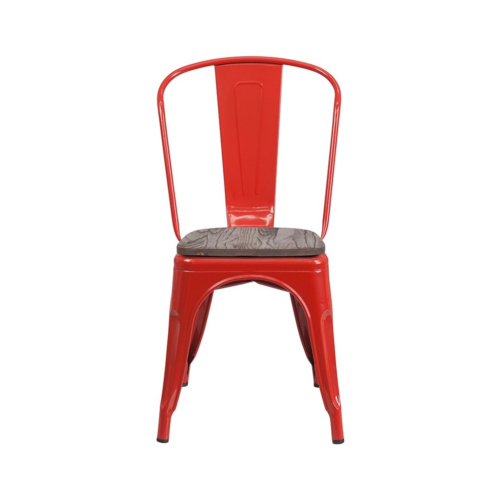 Red Metal Stackable Chair with Wood Seat
