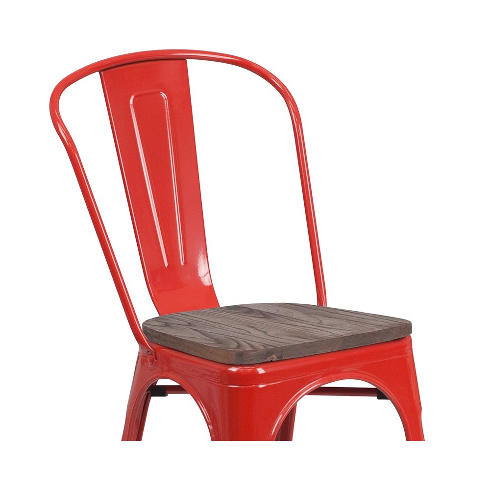 Red Metal Stackable Chair with Wood Seat