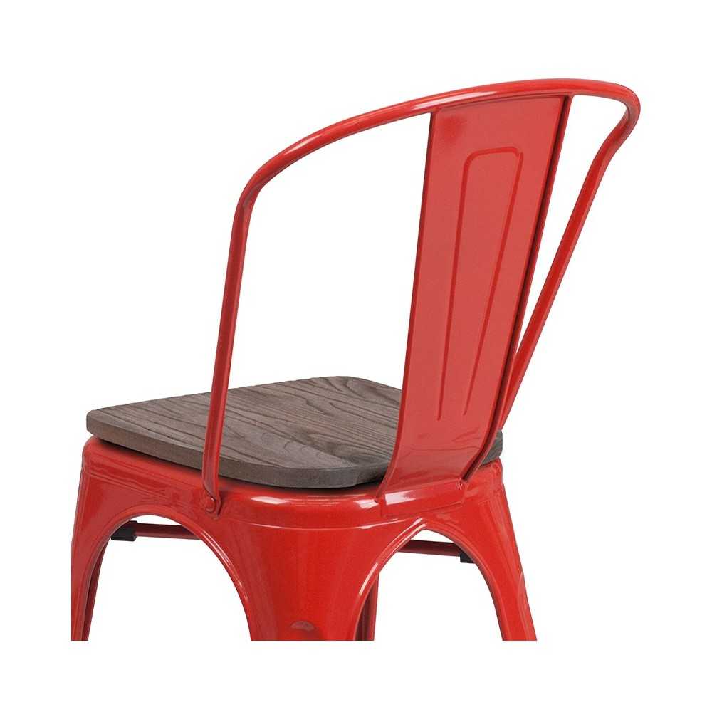 Red Metal Stackable Chair with Wood Seat