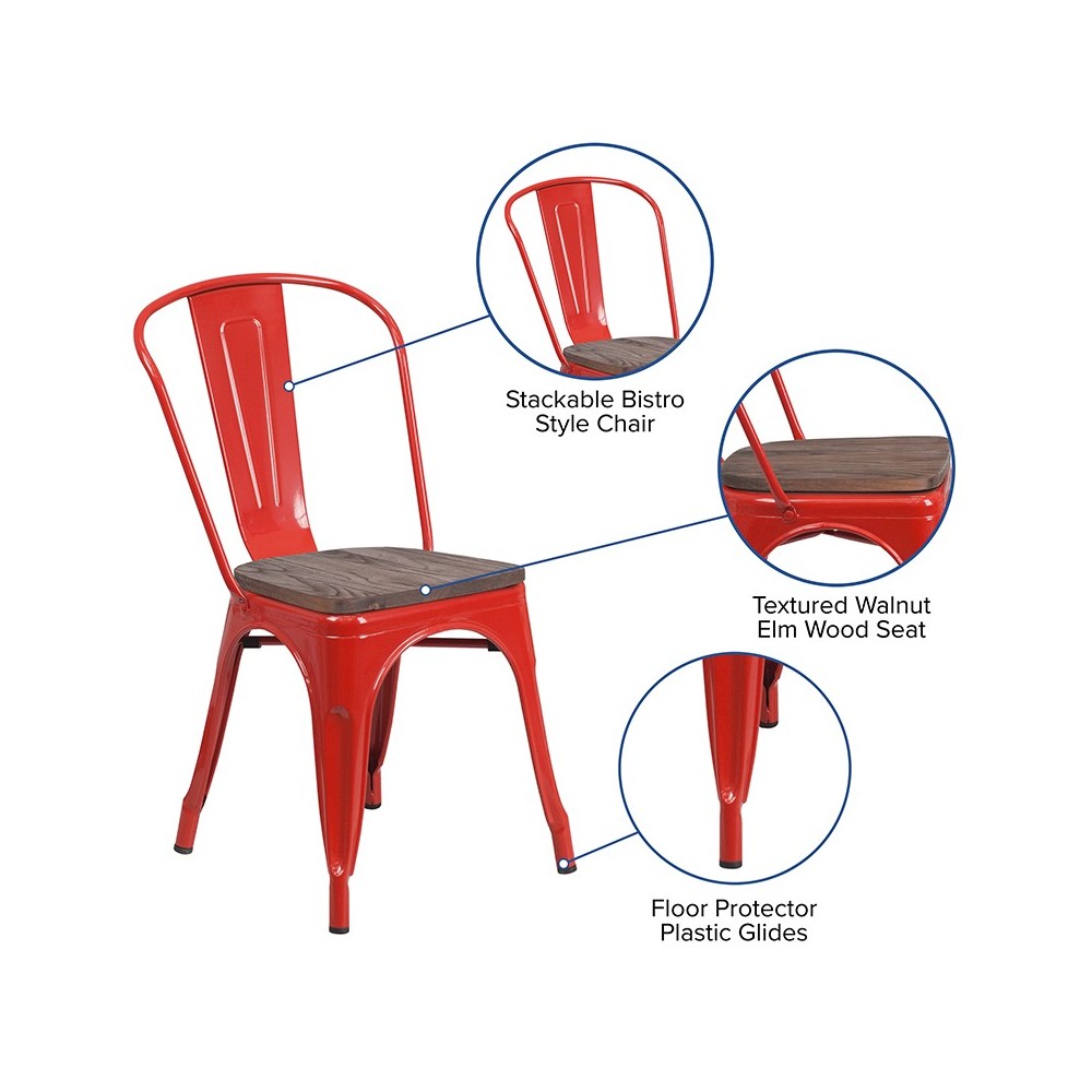 Red Metal Stackable Chair with Wood Seat
