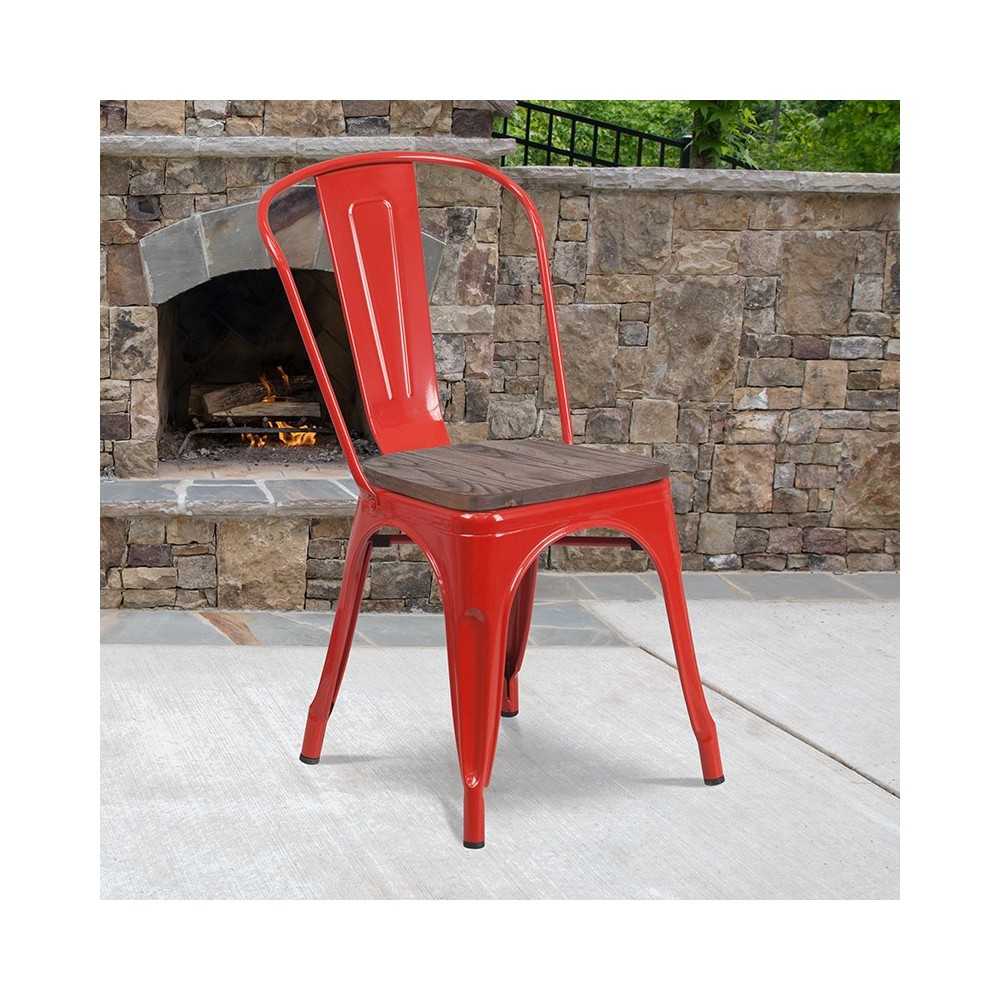 Red Metal Stackable Chair with Wood Seat